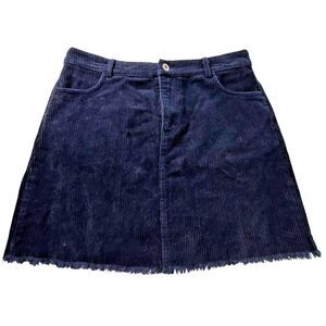 NWT Mittoshop Mini Skirt Size L Navy Corduroy Fringe Hem Zip Front Pockets Boho